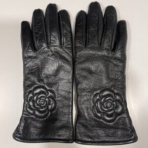 Genuine Leather Gloves with Rose Embroidery - Black - Size S